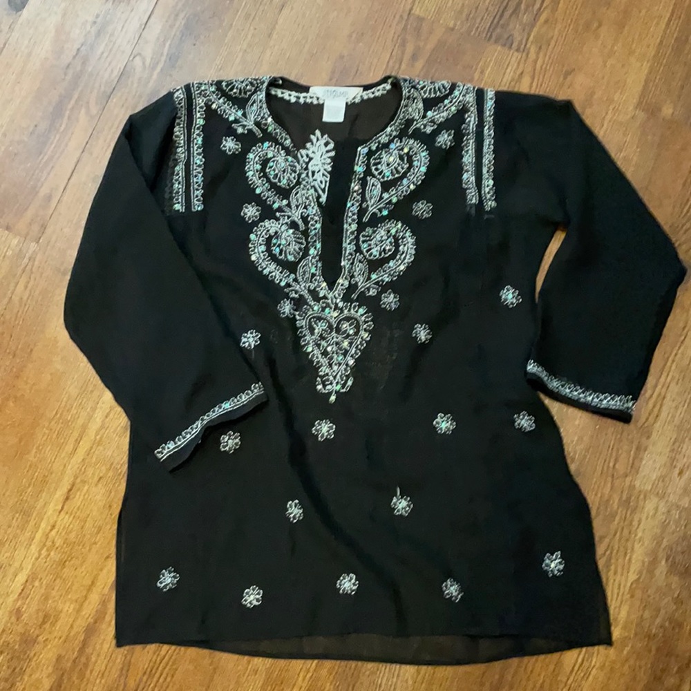 Black Sheer white stitched sequin long sleeve top